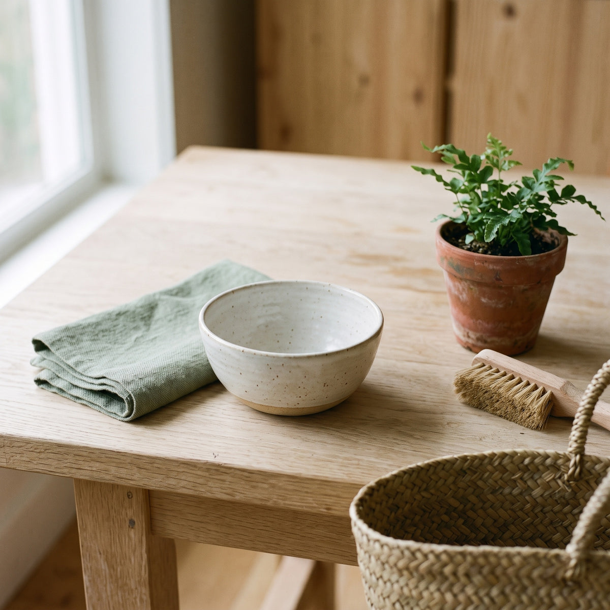 A few well-made household objects on a pale oak surface