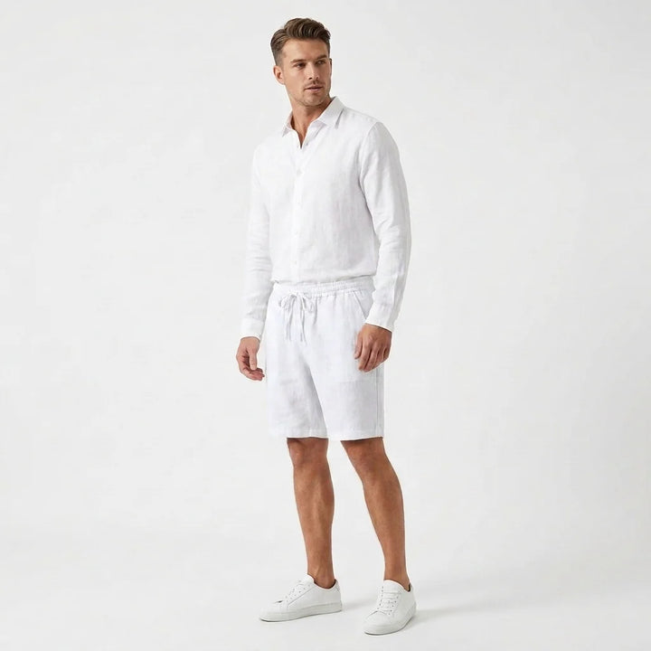 Letnie szorty męskie z lnu i bawełny, elastyczny pas z troczkami