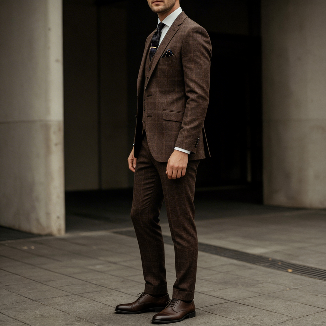 Brown plaid three-piece suit with checkered blazer in a tailored fit