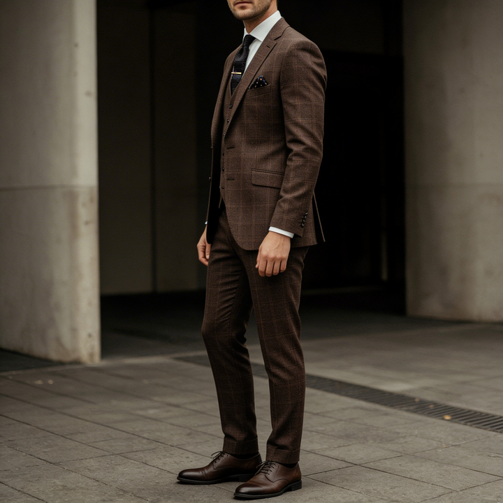 Brown plaid three-piece suit with checkered blazer in a tailored fit