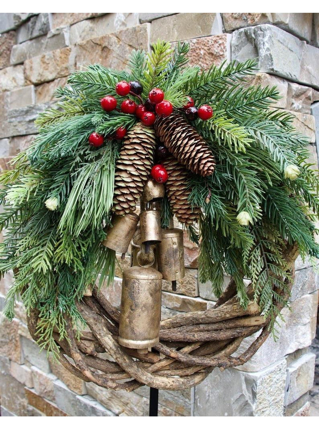 Christmas Wreath: Pinecones, Berries, Hanging Bells
