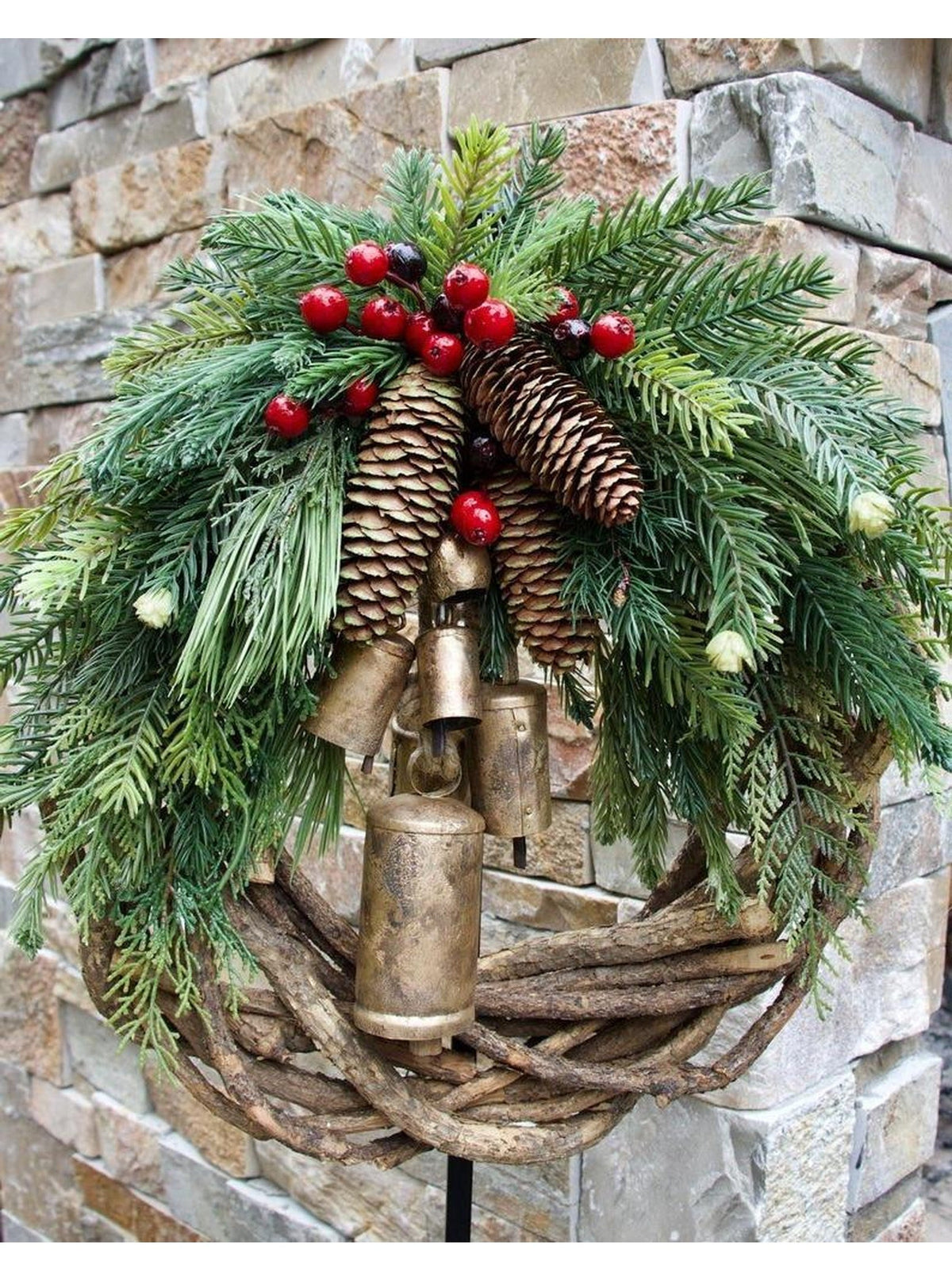 Christmas Wreath: Pinecones, Berries, Hanging Bells