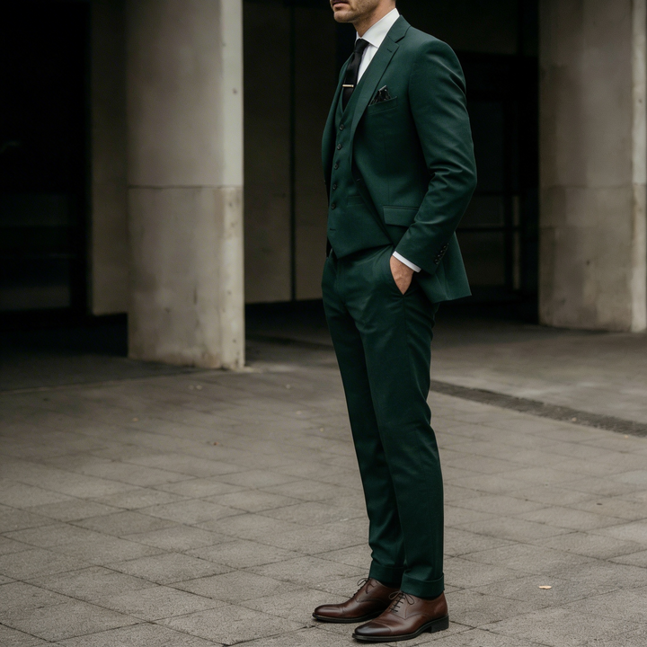Side view of a man wearing a dark brown three-piece suit on a clean minimal background