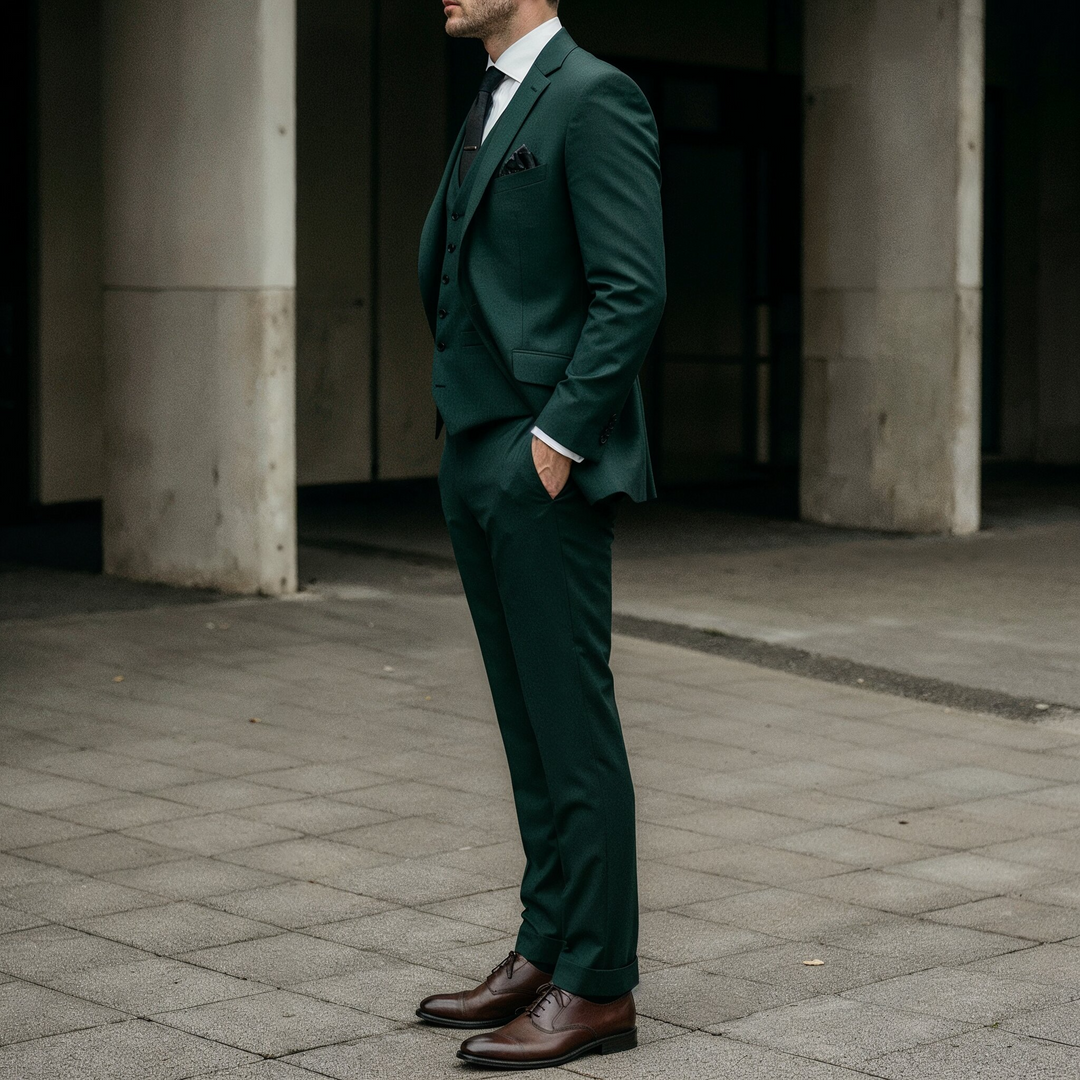 Side view of a man wearing a three-piece suit on a clean minimal background