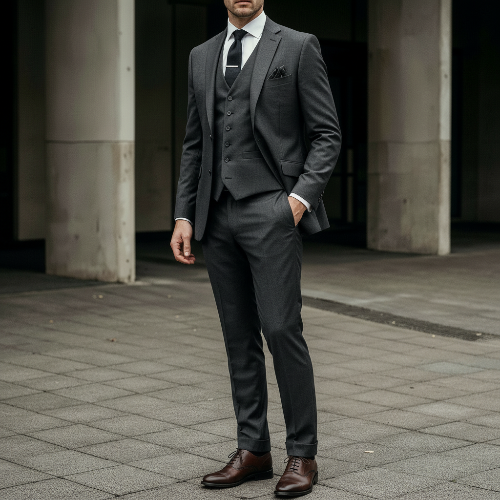 Side view of an elegant dark three-piece suit with subtle pinstripes