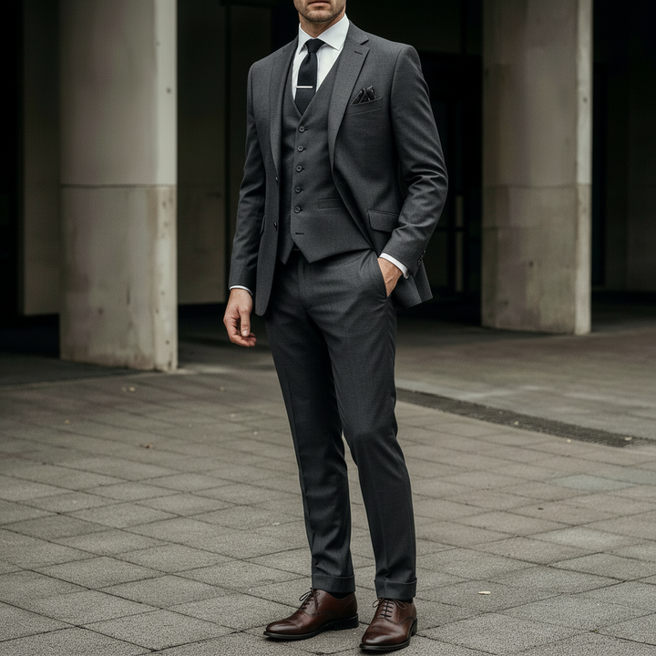 Side view of an elegant dark three-piece suit with subtle pinstripes