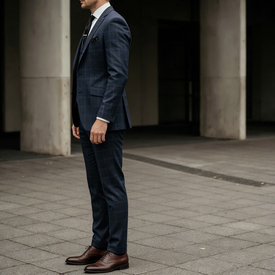 Deep navy blue plaid three-piece tailored suit in a premium formal style