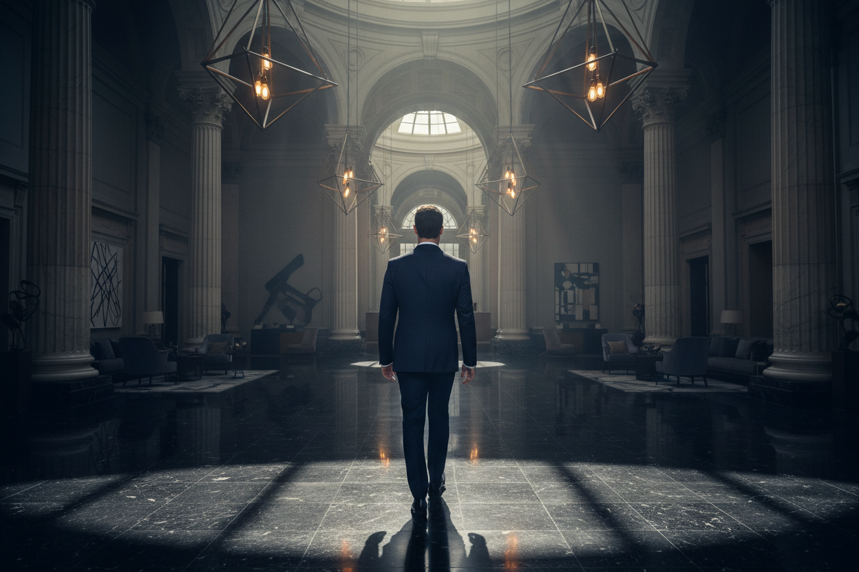 Dramatic hotel lobby editorial image