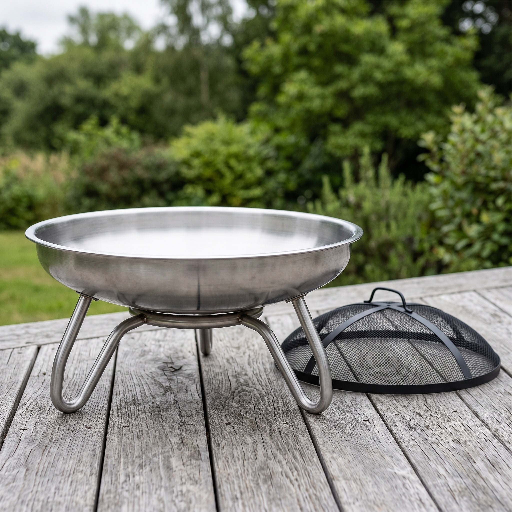 Fire Pit Bowl: Stainless Steel, Mesh Cover