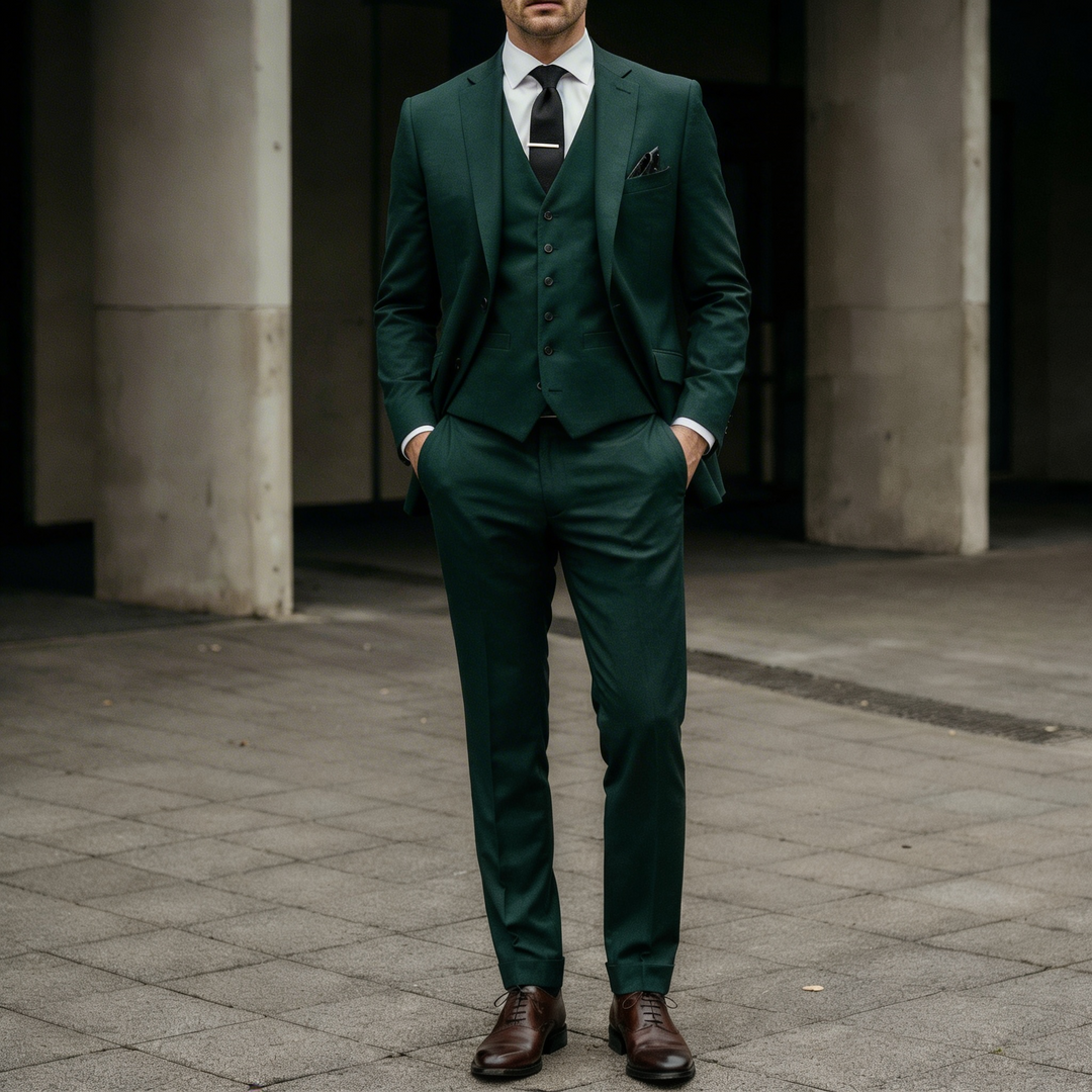 Deep forest green tailored three-piece suit with white formal shirt