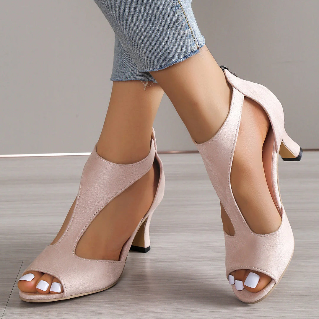 Damskie sandały kitten heel z otwartą konstrukcją i zamkiem, letnie buty na przyjęcia i spotkania.