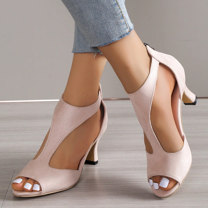 Damskie sandały kitten heel z otwartą konstrukcją i zamkiem, letnie buty na przyjęcia i spotkania.