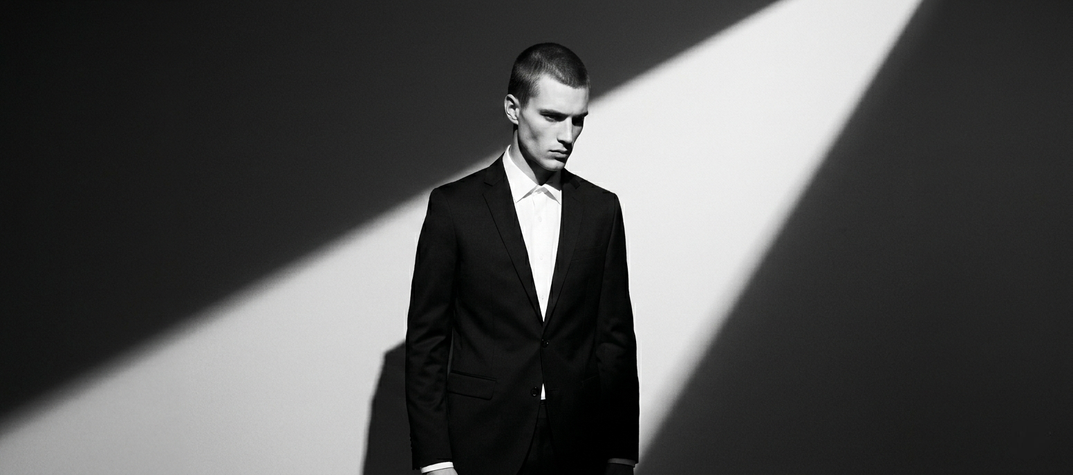 model with buzz cut standing in black shadow