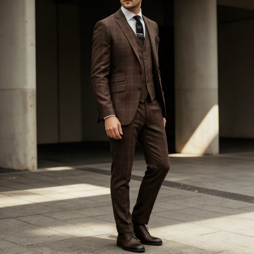 Luxury three-piece suit displayed in a high-end formal fashion photoshoot