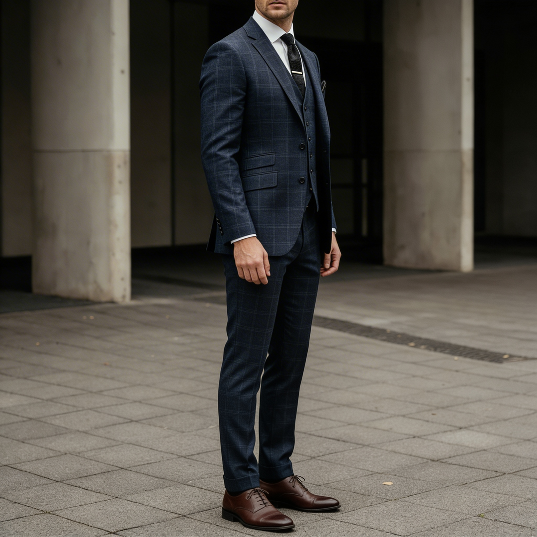 Navy plaid three-piece suit in a tailored fit with a premium formal look