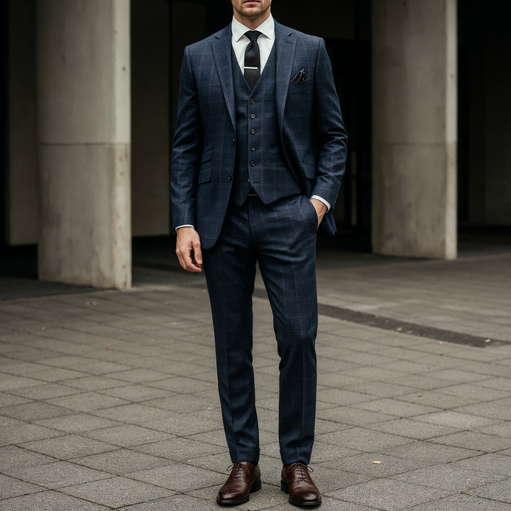 Navy plaid three-piece suit in a tailored fit with a premium formal look
