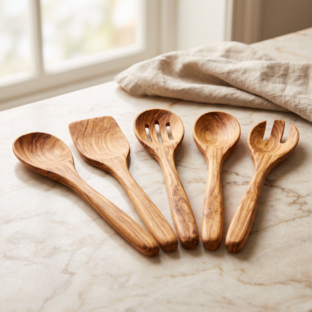 Olive Wood Utensil Set: Five Pieces, Hand Finished