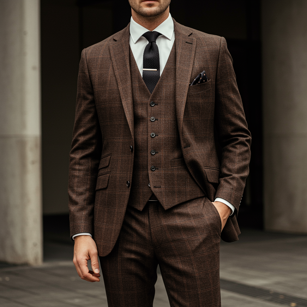 Premium three-piece suit featured in a high-end fashion photoshoot with a formal look