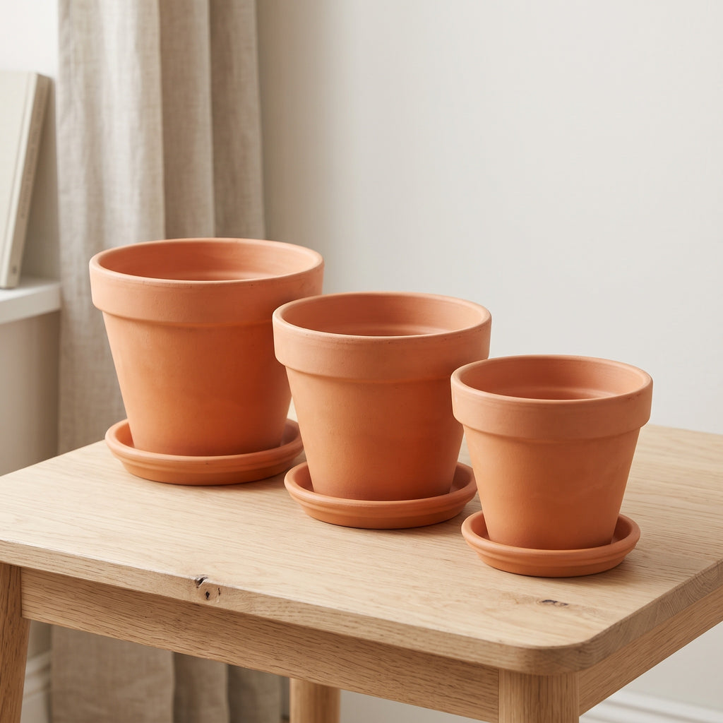 Terracotta Plant Pots: Set of Three with Trays