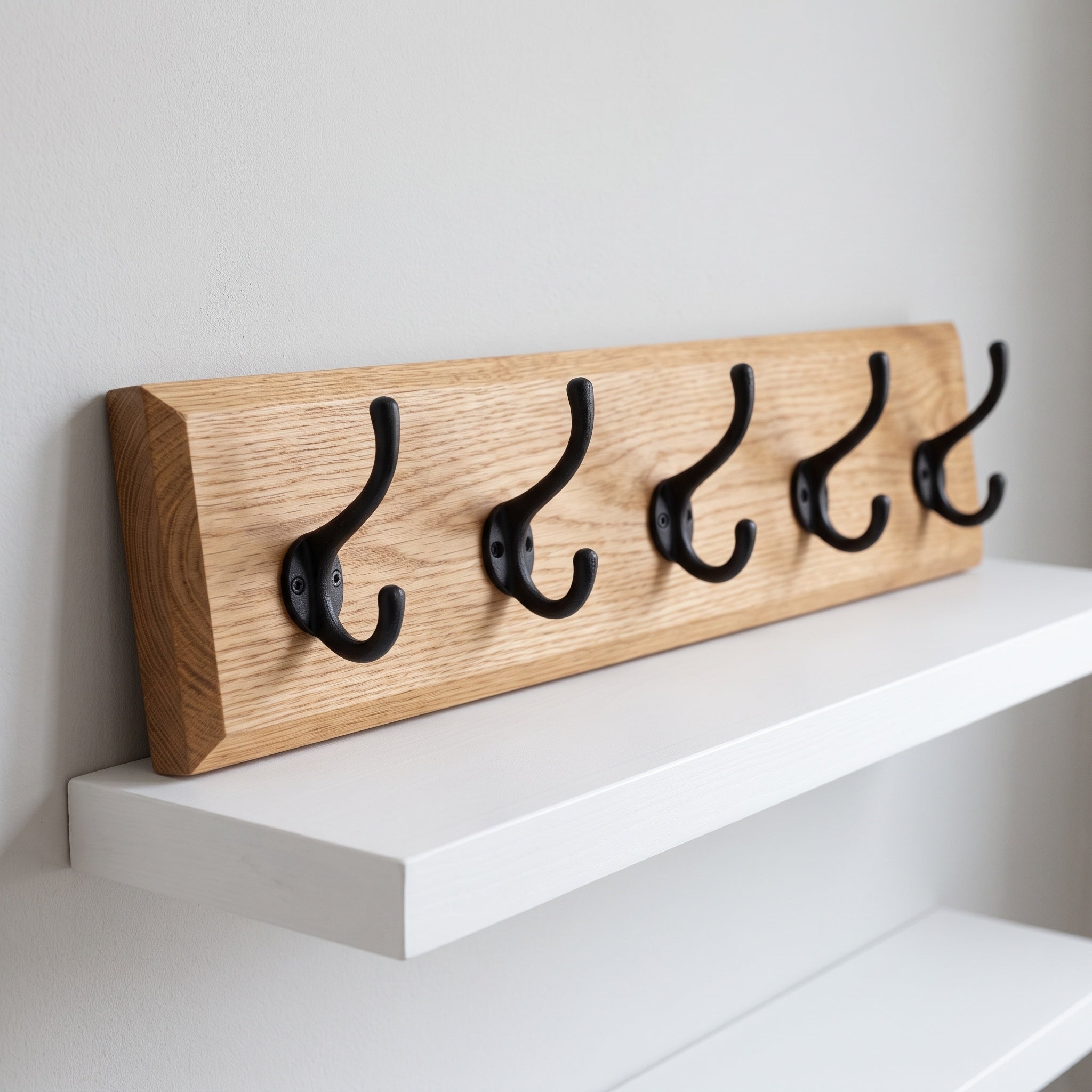 Wall Mounted Coat Rack: Five Hooks, Oak
